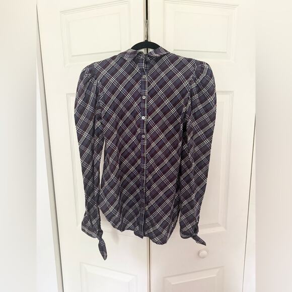 Veronica Beard Isabel Reversed Plaid Blouse Wine Puff Sleeve Blouse Size 0 - Picture 11 of 12